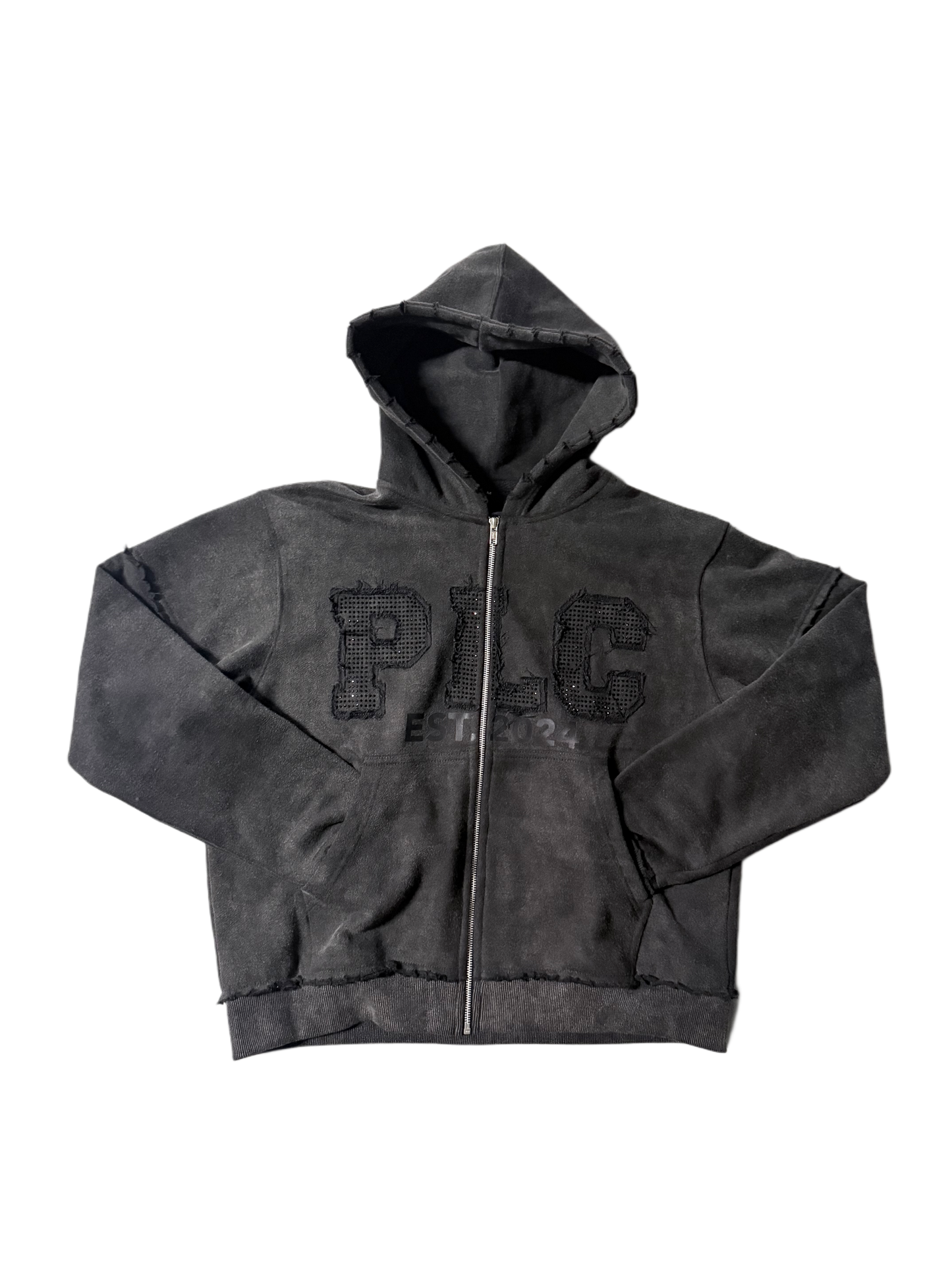 Black "PLC" Distressed Zip-Up