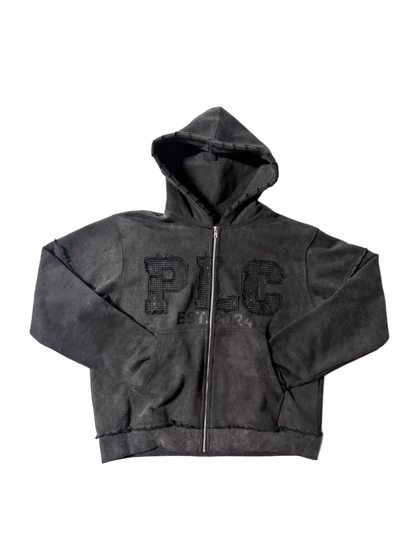 Black "PLC" Distressed Zip-Up